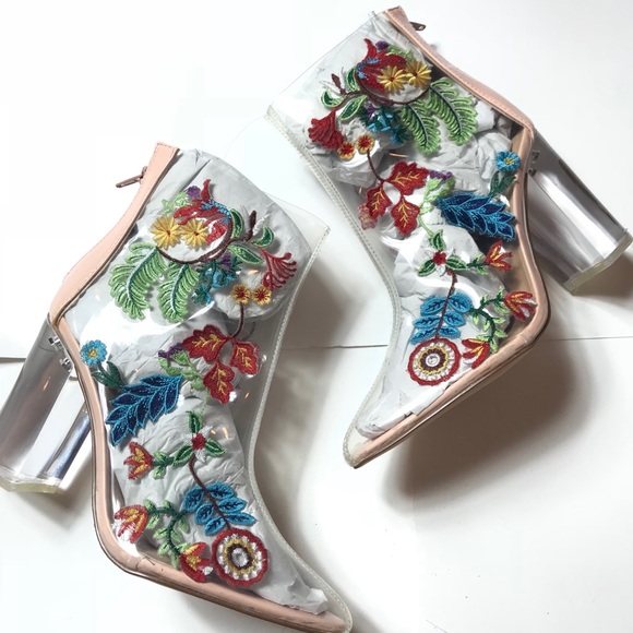 Forever 21 Shoes - Forever21 Embroidered Clear Heeled Booties